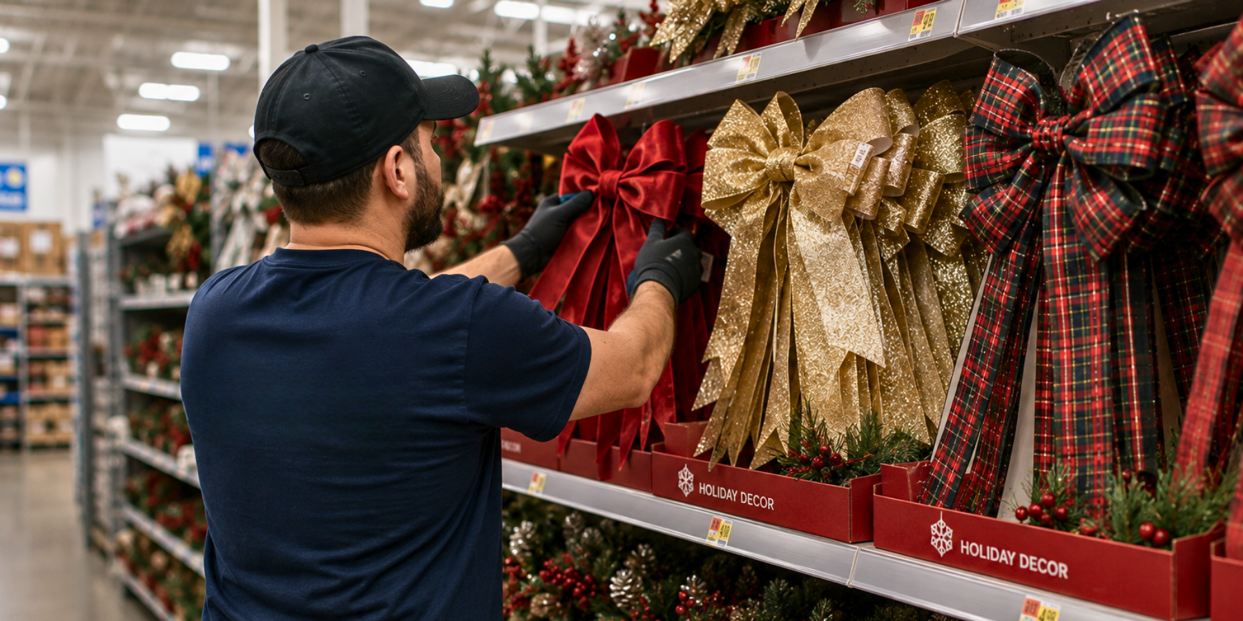 Man arranging holiday floor set